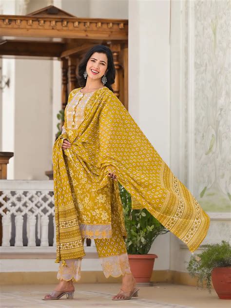 Mustard Floral Print Pakistani Style Kurta Trouser And Dupatta Set ...