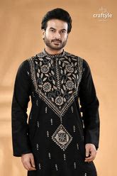 Beige Thread Work Ebony Black Kantha Cotton Panjabi – Craftyle