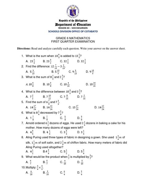 Image result for Grade 6 Math Test Printable