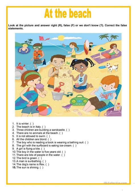 Picture description - At the beach | Cours anglais enfant, Fiches pédagogiques, Fle
