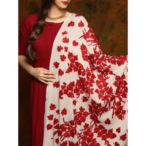 Buy EXOTIC INDIA Leaf Aari Embroidery Off White Fine Wool Shawl Online