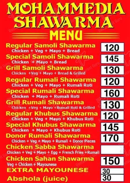 Menu at Mohammedia shawarma, Karimnagar