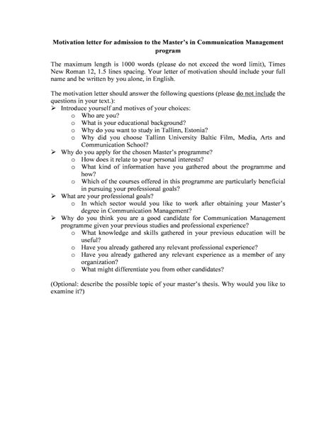 Fillable Online Motivation letter for admission to the Masters in ...