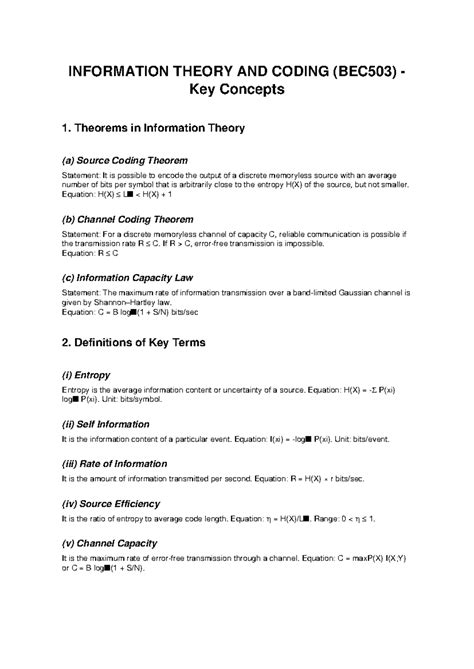 Information Theory Key Concepts (BEC503) Overview and Theorems - Studocu