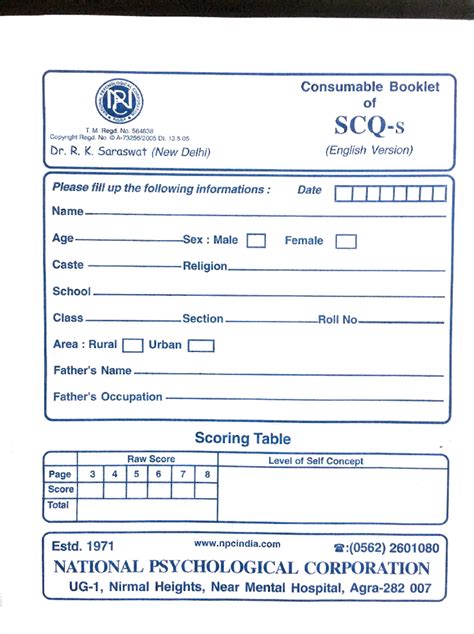 SCQ - Questionnaire - .. , I.. - Ii~ ) Cons umable Book let of v~ c ...