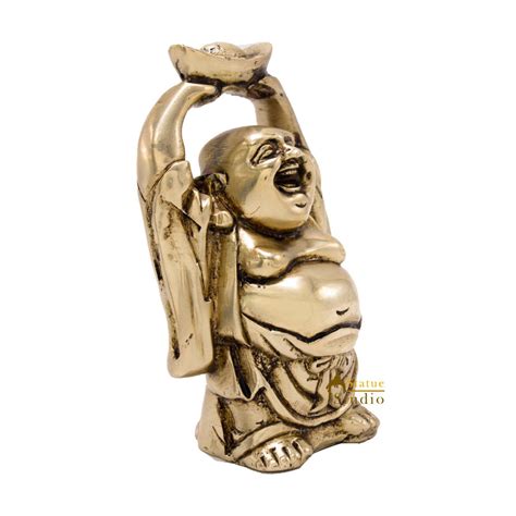 Brass Laughing Happy Buddha Idol Statue Small Showpiece Fengshui Vastu ...