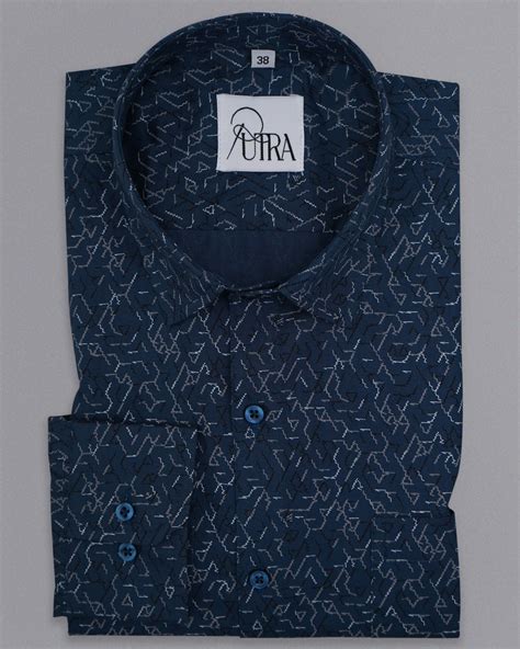 Premium Navy Blue Cotton Shirt with Abstract Pattern - Putra
