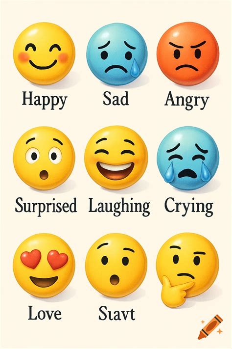 A grid of nine 3D emojis illustrating emotions such as happy, sad ...