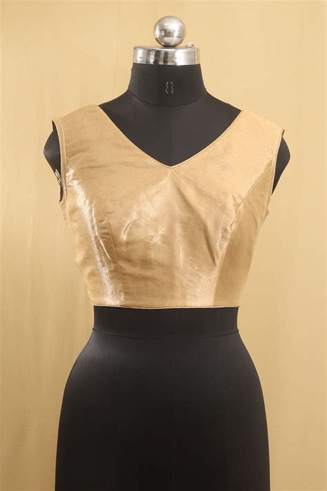Stunning Golden Tissue Silk V-Neck Blouse - Sleeveless & Non-Padded