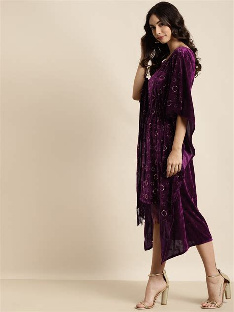 Buy Purple Velvet Foil Print Fringe Lace Kaftan Dress Online At Best ...