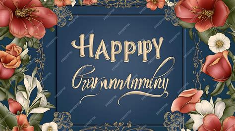 Happy Anniversary delicate cursive deep blue card ornate floral border ...