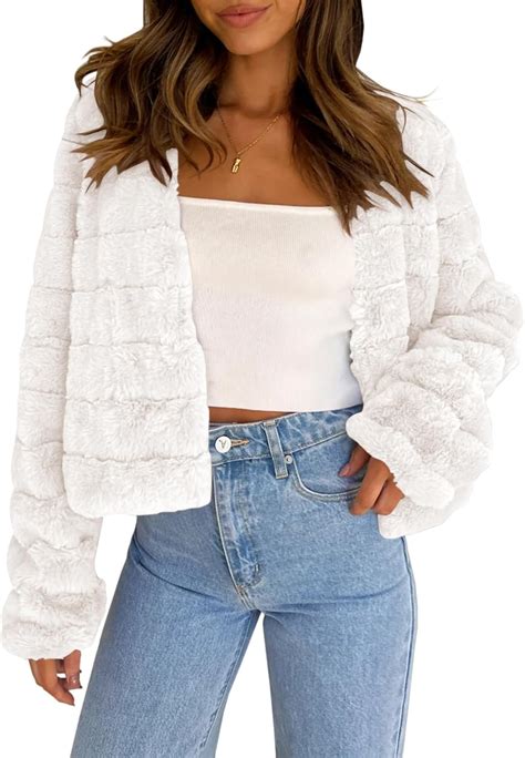 Fisoew Womens Cropped Faux Fur Jackets Long Sleeve Open Front Fluffy ...