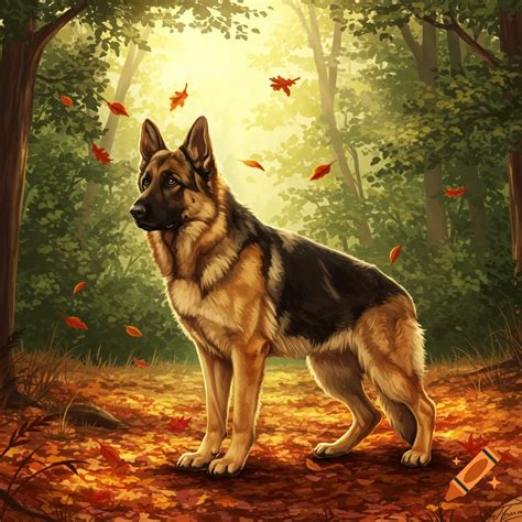 An illustrated German shepherd dog stands in a sunlit autumn forest ...