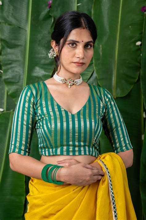 Ishya - Green Chanderi Striped Elbow Sleeve Blouse with V neck – Moora