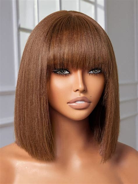 Amazon.com : YASGRL 10" Brown wig with bangs Light Yaki Straight Human ...