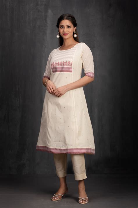 Off-White Cotton A-Line Kurta with Grey Embroidery & Foil Mirror Yoke ...