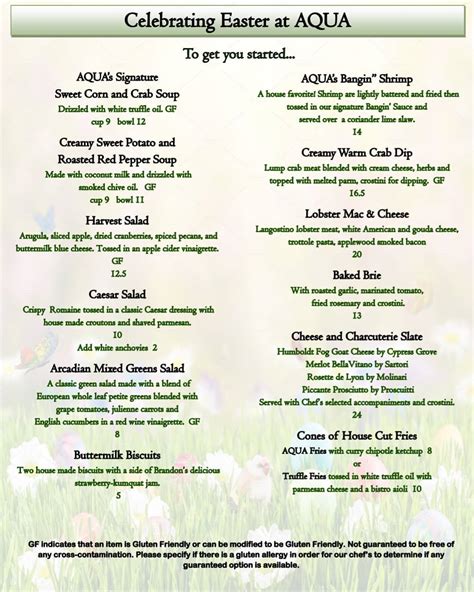 Easter Brunch Menu - AQUA Restaurant Duck NC Outer Banks