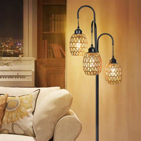 OUTON 69'' Dimmable 3-Light Farmhouse Floor Lamp with Rattan Shade, LED ...