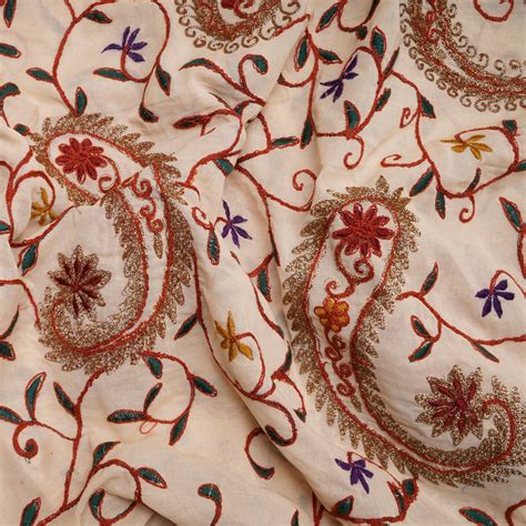 Buy Cream Color Embroidered High Twisted Cotton Voile Fabric 69241/1 | FFAB
