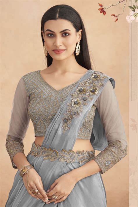 Light Grey Ready Pleated Satin Lehenga Style Saree And Heavy Work Blou ...