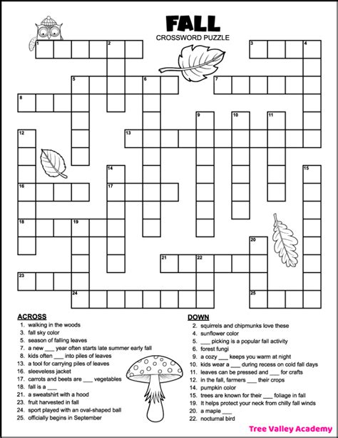 Printable 4th Grade Fall Crossword Puzzle - Tree Valley Academy
