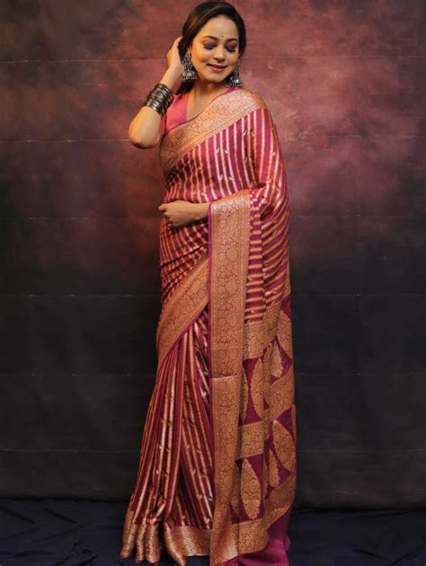 Banarasee Pure Chiffon Saree With Zari Work-Onion Pink