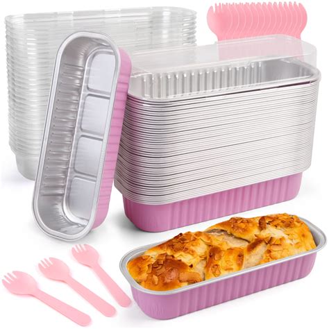 LotFancy 50-Piece Mini Aluminum Foil Loaf Pans with Lids, Spoons, 6.5in ...