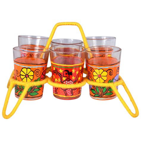 Kaushalam Colourful Cutting Chai Glass with Stand Set of 6 Dhaba Chai ...