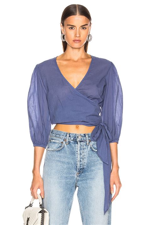 Enza Costa Puff Sleeve Wrap Top in Vintage Blue | FWRD
