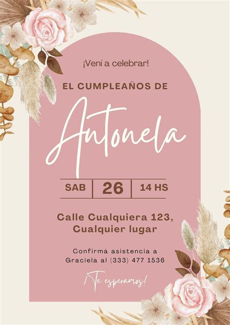 invitacion vertical cumpleaños mujer boho rosa - Templates by Canva en ...