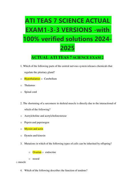 ATI TEAS 7 SCIENCE ACTUAL EXAM 1-3-3 VERSIONS -with 100% verified ...