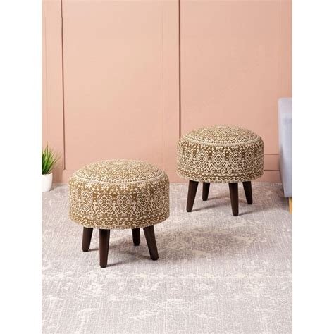 Buy Nestroots Yellow Cotton Wooden Ottoman (Pack of 2) Online