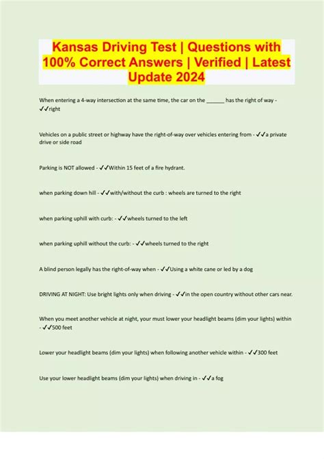 Kansas Driving Test | Questions with 100% Correct Answers | Verified ...