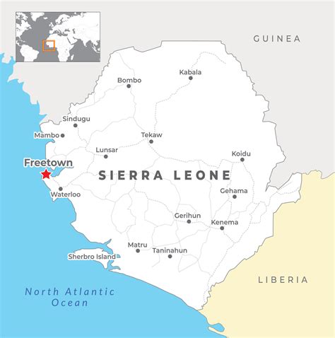 Sierra Leone Political Map with capital Freetown, most important cities with national borders ...