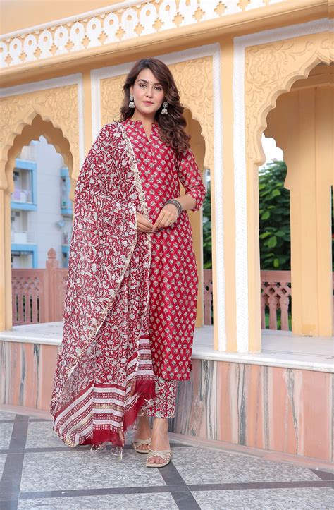 Buy Red Handblock Chanderi Silk Suit Set - Jaipuri Adaah