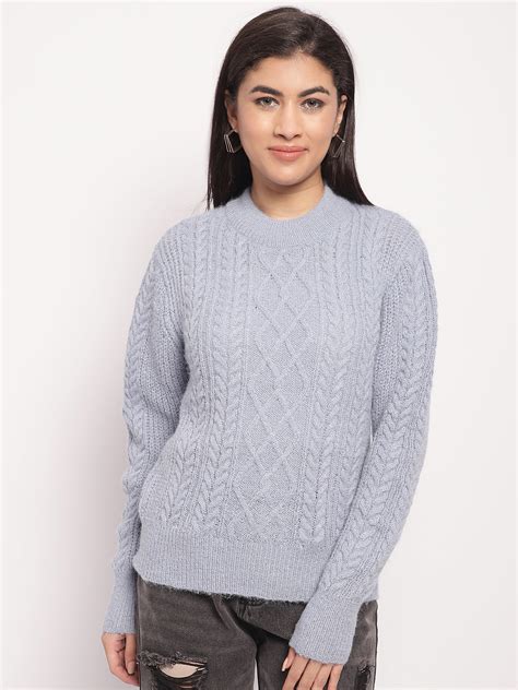 Acrylic Round Neck Full Sleeve Cable Knit Light Blue Sweater – NoBarr