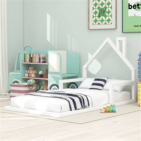 Twin Size Wood Floor Bed with House-shaped Headboard, House Platform ...