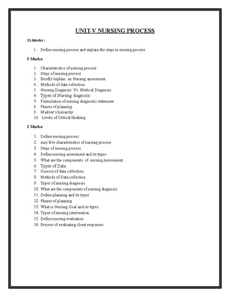 UNIT-V KEY Answers - For study - UNIT-V NURSING PROCESS 15 Marks : 1 ...