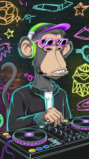 Cool neon party dj monkey in headphones and sunglasses not based on any ...