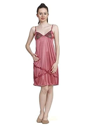 Freely Peach-Puff Satin Cross Frills Babydoll Nightdress : Amazon.in ...