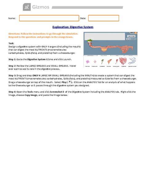 Gizmos Exploration Digestive System - Name: Date: Exploration ...