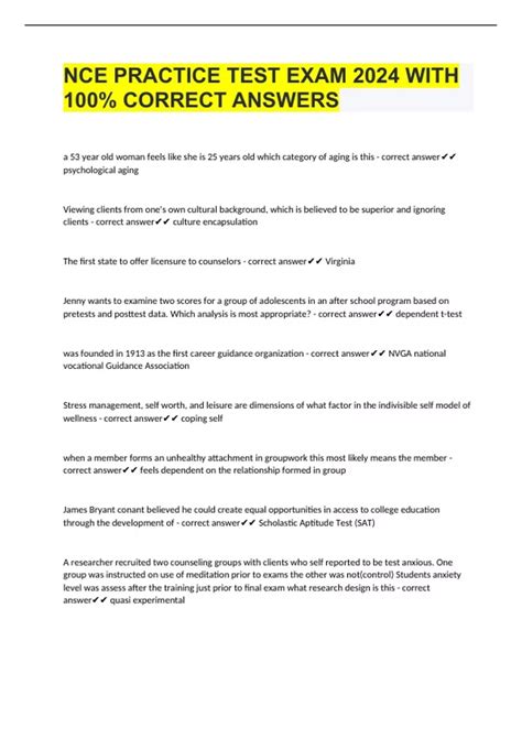 NCE PRACTICE TEST EXAM 2024 WITH 100% CORRECT ANSWERS - NCE - Stuvia US