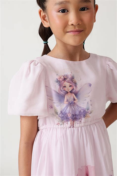 Buy Girls Lilac Fitted Bell Sleeve Fairy Print Dress | One Friday