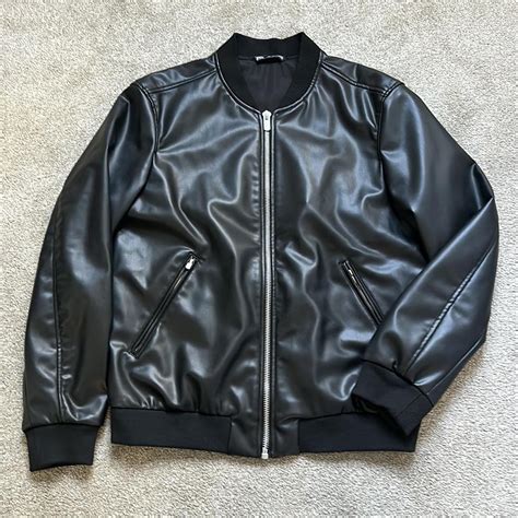 ZARA Faux Leather Black Men Bomber Jacket Size... - Depop