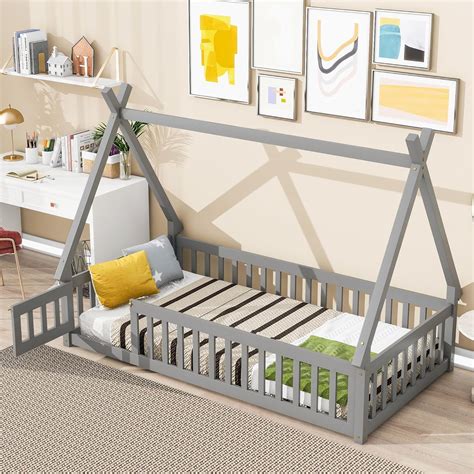 Amazon.com: Mirightone Twin Floor Bed for Kids Tent-Shaped Montessori ...