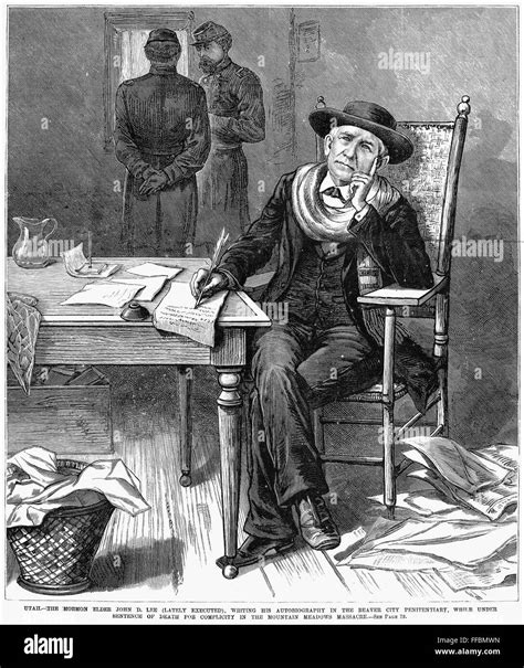 JOHN DOYLE LEE (1812-1877). /nAmerican Mormon leader. Lee writing his ...