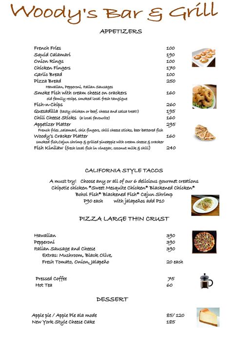 Menu at Woody’s Bar and Grill, Dimiao