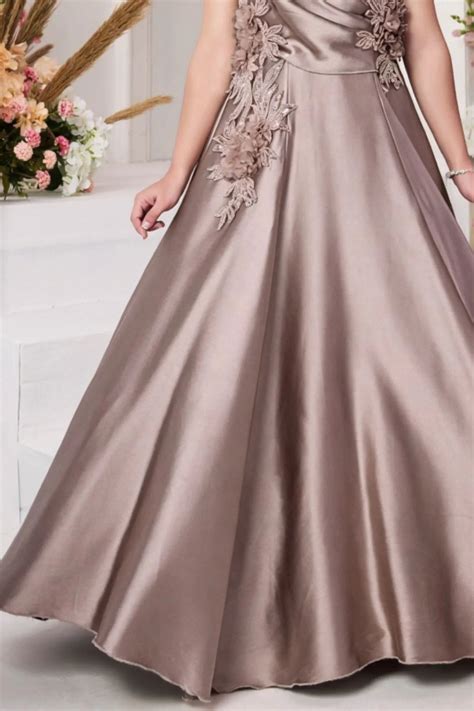 Gold Gown with Draped Bodice and 3D Floral Appliqué Embroidery For Gir ...