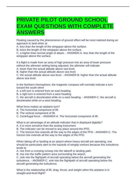 PRIVATE PILOT GROUND SCHOOL EXAM QUESTIONS WITH COMPLETE ANSWERS - Ground School - Stuvia US