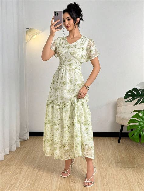 Modelyn Women's Vacation Floral Print V-Neck Batwing Sleeve Waist ...